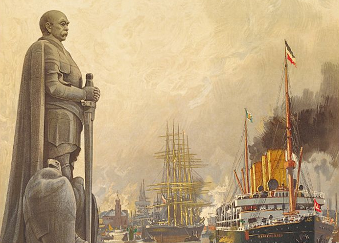 O Monumento a Bismarck junto ao Elba, colagem, 1909. “O olhar repleto de orgulho que, a partir do centro da cidade, se dirige ao tráfego internacional”. O Monumento a Bismarck na autorrepresentação da entidade de promoção turística, em 1909. Fonte: Arquivo do Museu Alemão da Navegação © Domínio público