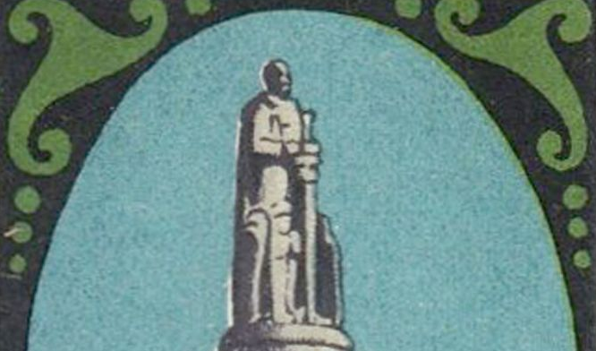 Publicidade à margarina da empresa Rositzky & Witt, 1910/1920. Através deste selo publicitário de cerca de 1915, o fabricante de margarina Rositzky & Witt, empresa sediada em Altona, celebra o monumento ao chanceler Bismarck, mostrando desse modo a sua gratidão pelo acesso sem entraves ao óleo de palma produzido a bom preço nas colónias. Fonte: Arquivo privado, afrika-hamburg.de, Domínio público